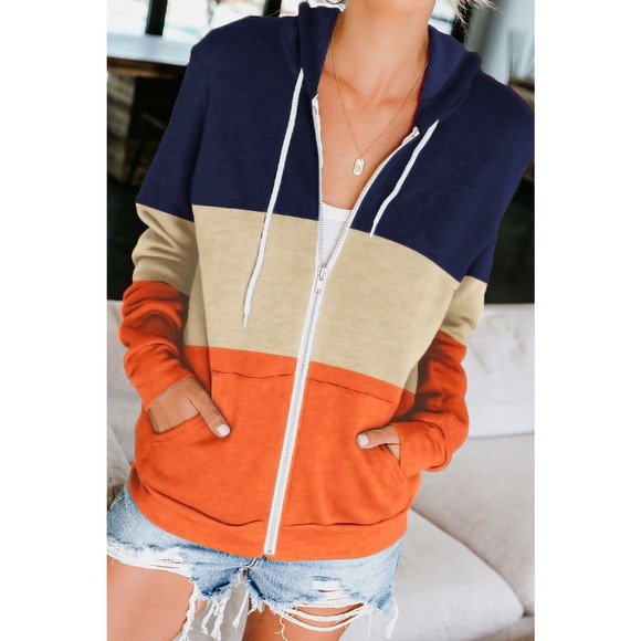 BLUE TAN ORANGE COLOR BLOCK FULL ZIP DRAWSTRING HOODIE SIZE 2XL 18-20 - Picture 10 of 11